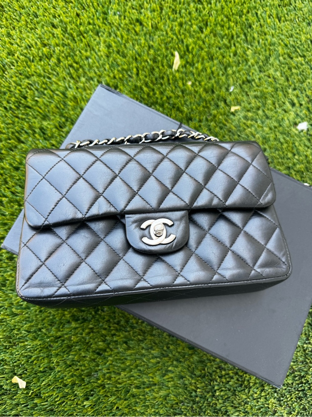 CHANEL Black Quilted Lambskin Shoulder Bag with Silver CC Lock